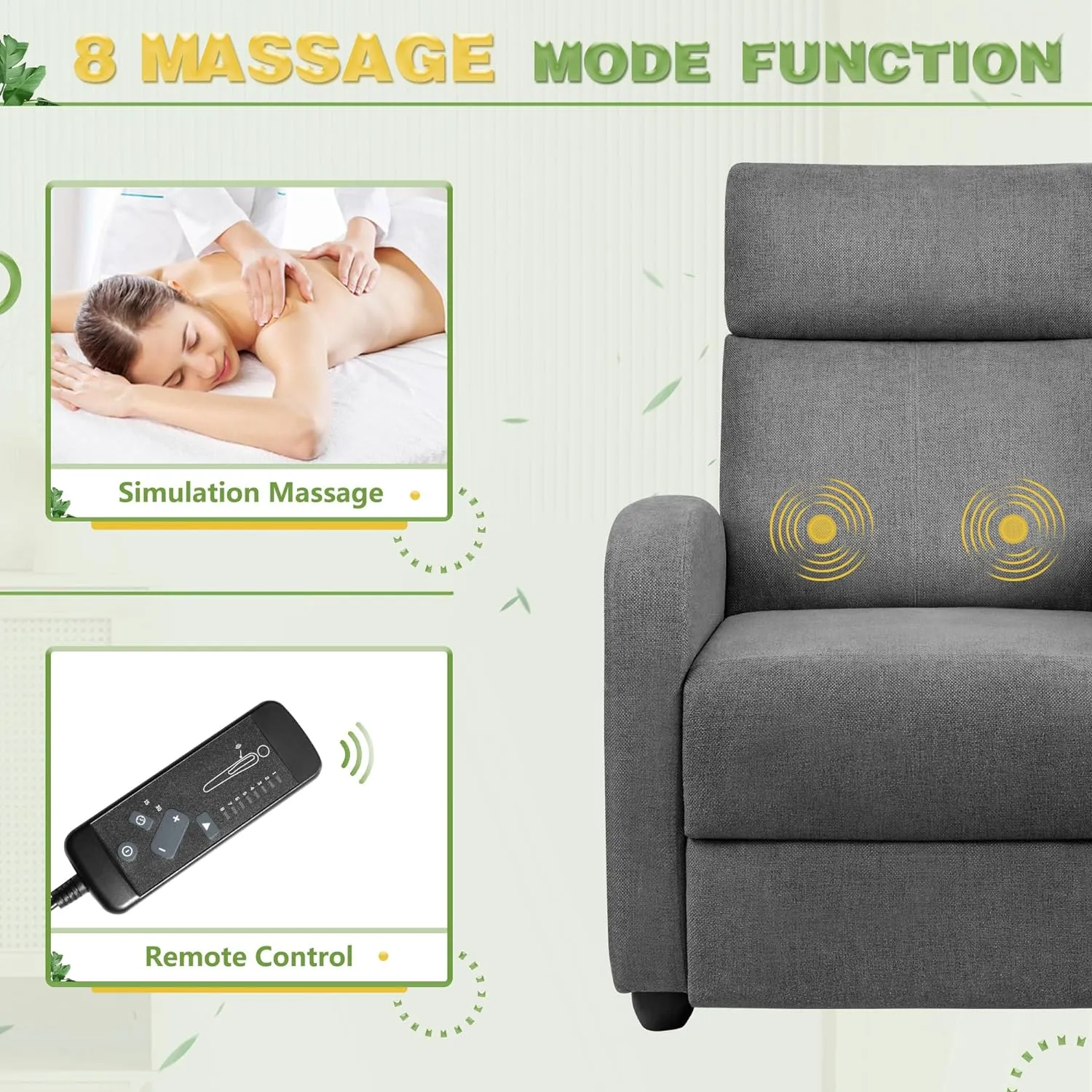 Furniwell Massage Recliner Chair for Living Room Adjustable Fabric Reclining Chair Home Theater Seating Modern Winback Single Sofa for Adults with Footrest (Gray)