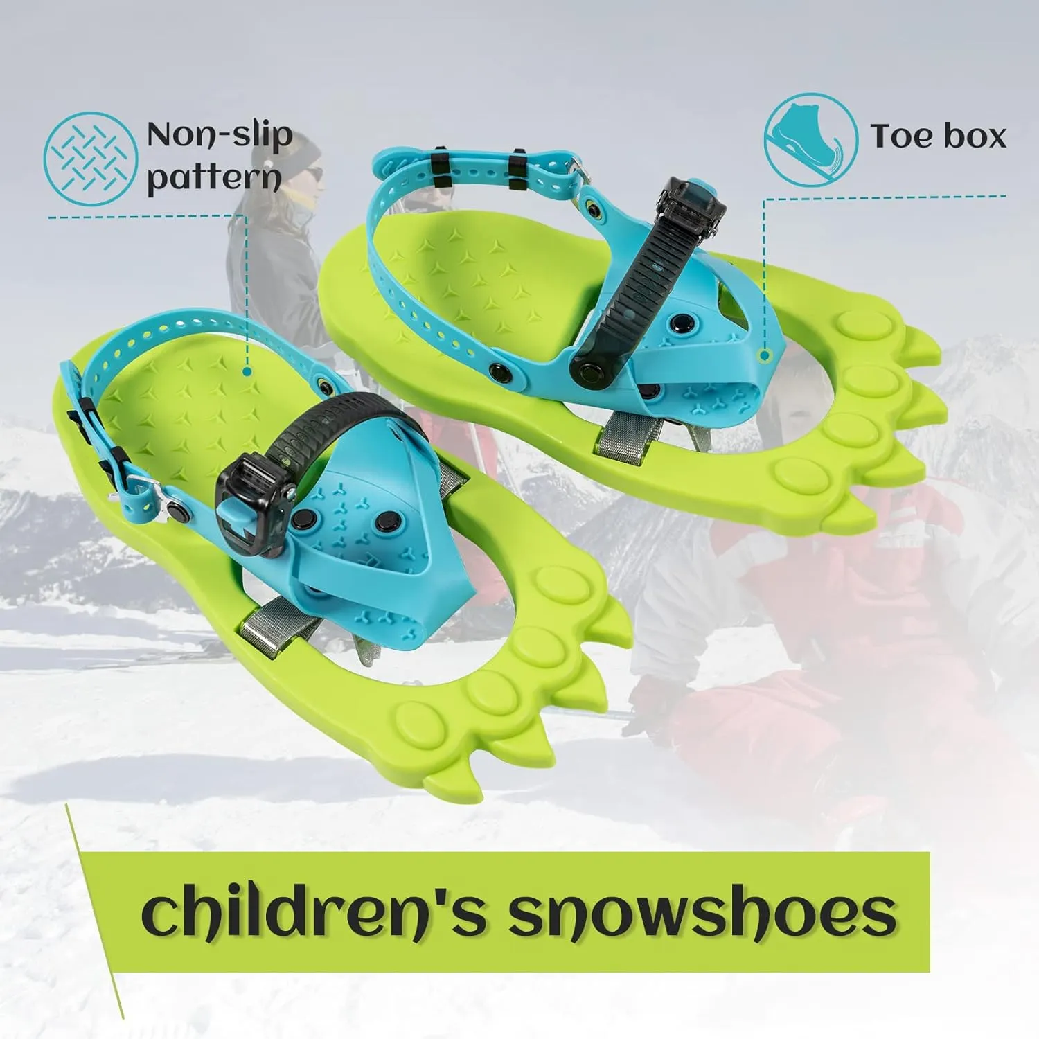 G2 16 Inch Kids Snowshoes, Storage Bag, Fast Ratchet Binding and Buckle Design, for Child Youth Boys and Girls (Green/Blue)