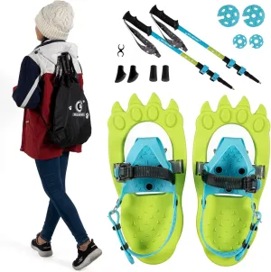G2 16 Inch Kids Snowshoes, Storage Bag, Fast Ratchet Binding and Buckle Design, for Child Youth Boys and Girls (Green/Blue)