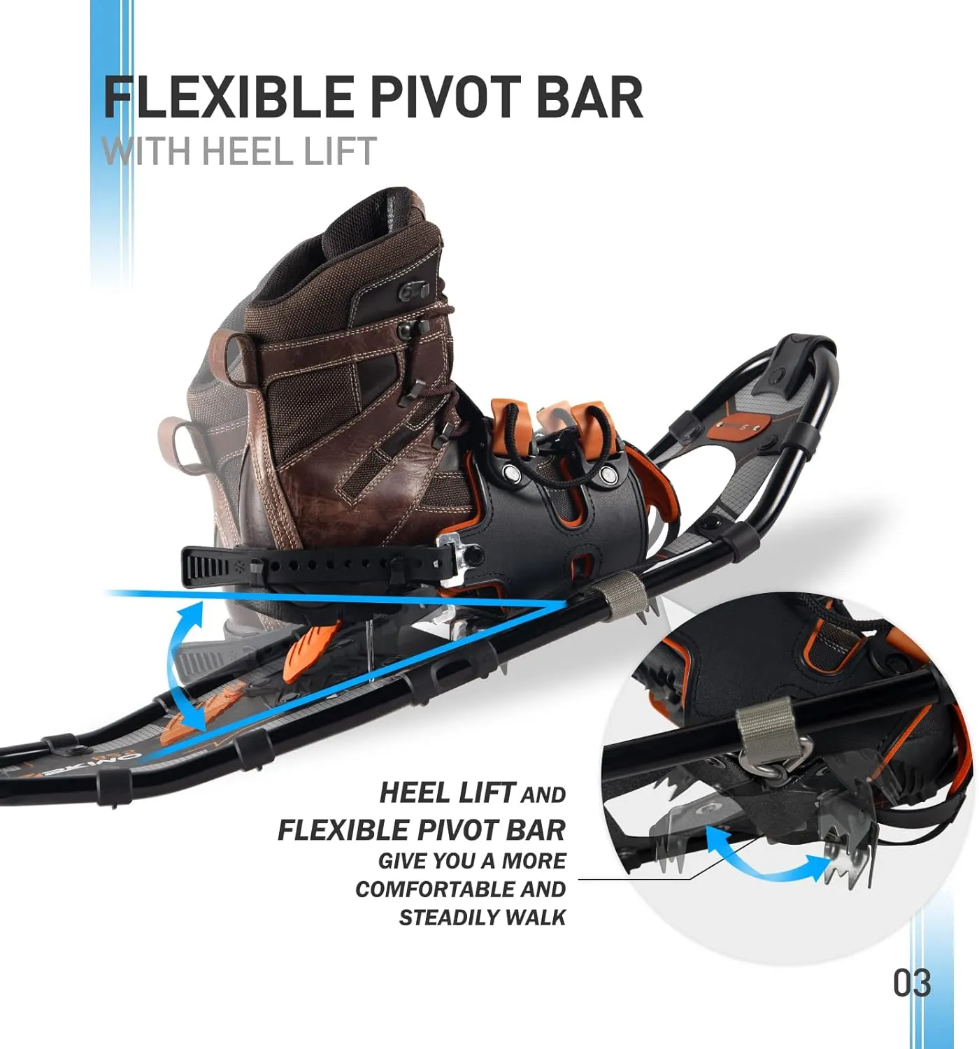 G2 21/25/30 Inches Light Weight Snowshoes for Women Men Youth, Set with Trekking Poles, Carrying Bag, Snow Baskets, Special EVA Padded One-Pull Binding, Heel Lift, Toe Box, Orange/Blue/Red Available