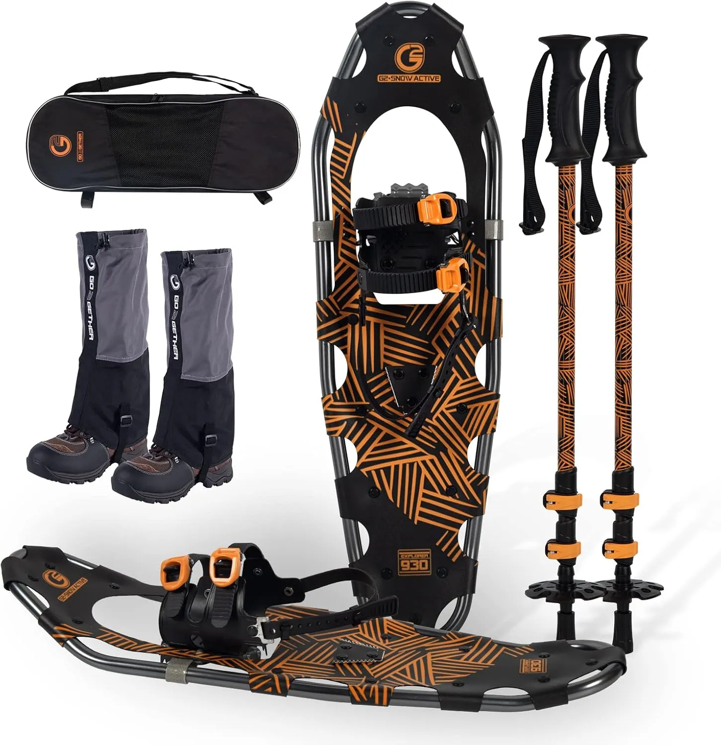 G2 21/25/30 Inches Light Weight Snowshoes for Women Men Youth, Set with Trekking Poles, Tote Bag, Gaiters,Special Fast Ratchet Binding, Orang/Blue/Red Available