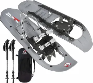 G2 23/25/30 Inch Mountain Terrain Snowshoes with Trekking Poles Set, Special Steel Traction Rails, EVA Foam Padded, Flexible Pivot Bar, Tote Bag, Grey/Blue/Red Available