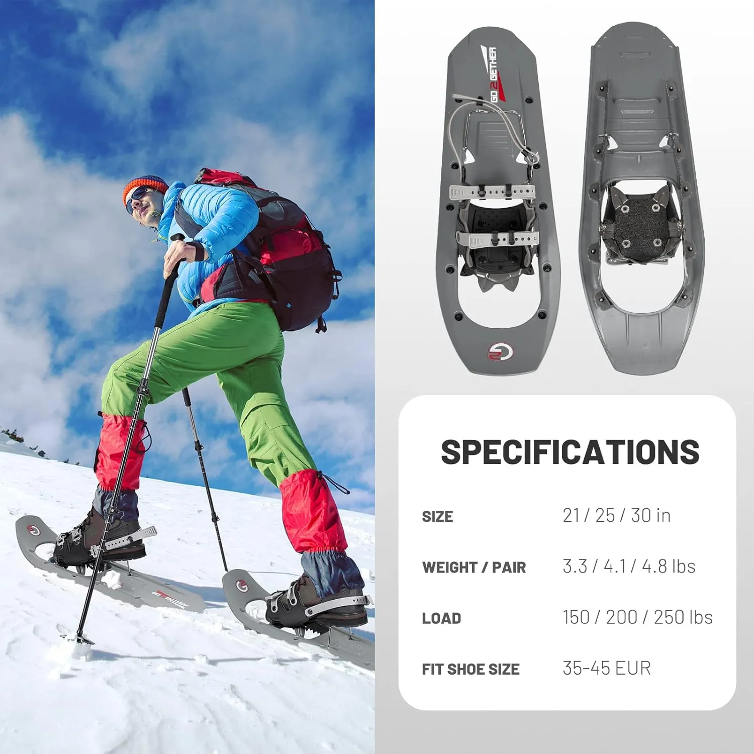 G2 23/25/30 Inch Mountain Terrain Snowshoes with Trekking Poles Set, Special Steel Traction Rails, EVA Foam Padded, Flexible Pivot Bar, Tote Bag, Grey/Blue/Red Available