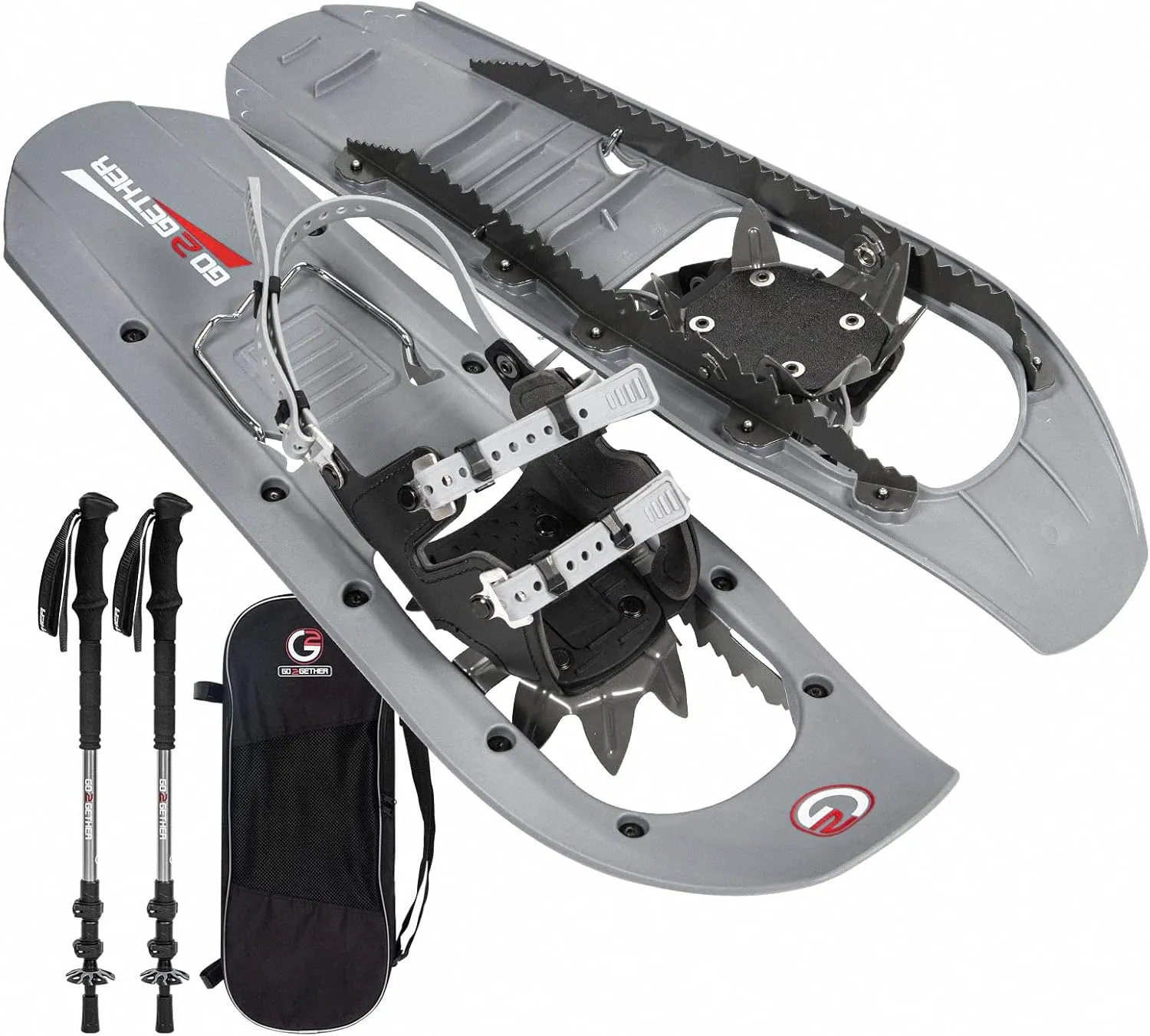 G2 23/25/30 Inch Mountain Terrain Snowshoes with Trekking Poles Set, Special Steel Traction Rails, EVA Foam Padded, Flexible Pivot Bar, Tote Bag, Grey/Blue/Red Available