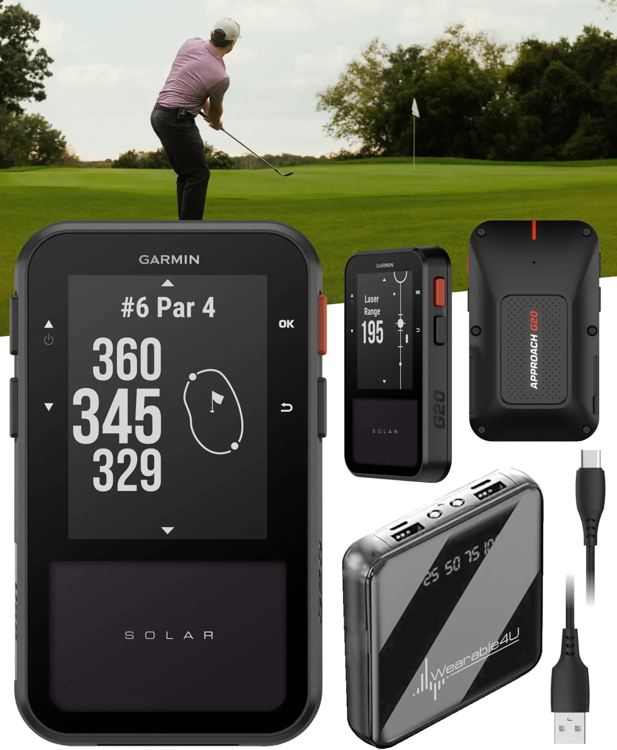 Garmin Approach G20 Solar GPS Golf Handheld with Wearable4U Power Bank Bundle