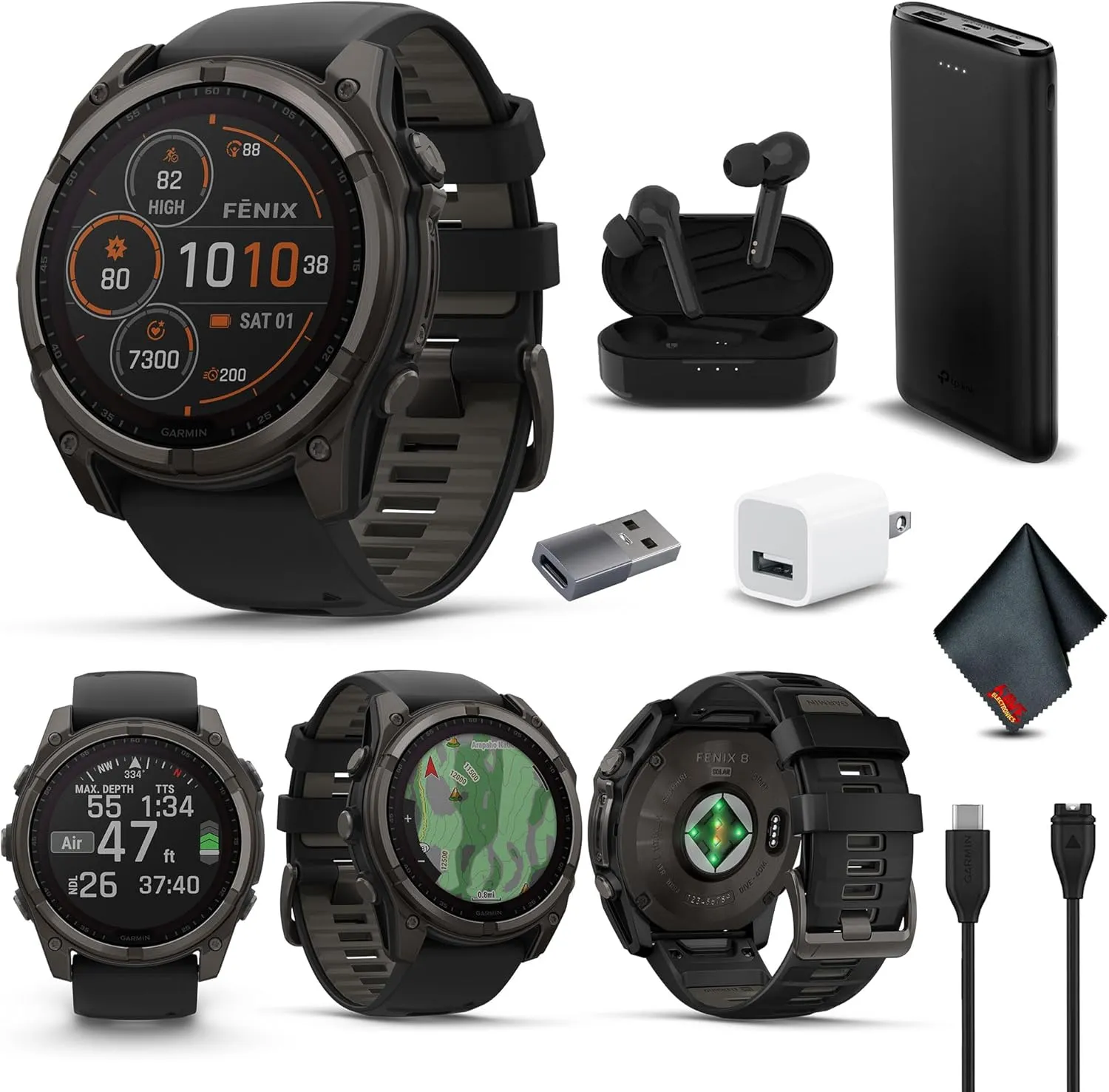 Garmin Fenix 8 51MM Solar Sapphire Multisport GPS Smartwatch Carbon Gray DLC Titanium with Black Gray Silicone Band, Built-in LED Flashlight, Fitness & Health Smart Watch Bundle for Men & Women