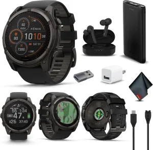 Garmin Fenix 8 51MM Solar Sapphire Multisport GPS Smartwatch Carbon Gray DLC Titanium with Black Gray Silicone Band, Built-in LED Flashlight, Fitness & Health Smart Watch Bundle for Men & Women
