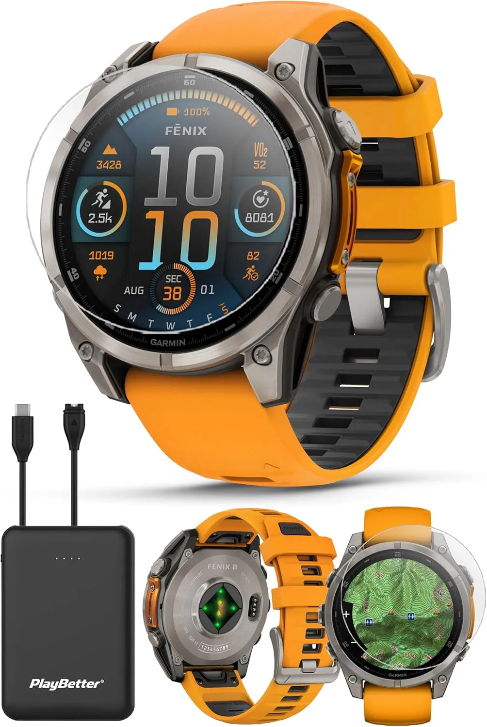 Garmin Fenix 8 AMOLED Sapphire (47mm, Titanium/Spark Orange) Multisport GPS Smartwatch Bundle - 1.4” Touchscreen, Built-in LED Flashlight with PlayBetter Portable Charger & Screen Protectors