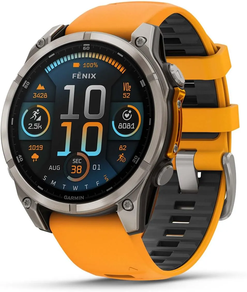 Garmin Fenix 8 AMOLED Sapphire (47mm, Titanium/Spark Orange) Multisport GPS Smartwatch Bundle - 1.4” Touchscreen, Built-in LED Flashlight with PlayBetter Portable Charger & Screen Protectors