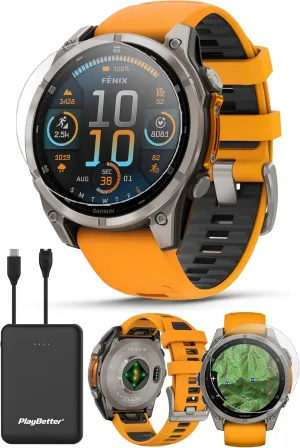 Garmin Fenix 8 AMOLED Sapphire (47mm, Titanium/Spark Orange) Multisport GPS Smartwatch Bundle - 1.4” Touchscreen, Built-in LED Flashlight with PlayBetter Portable Charger & Screen Protectors