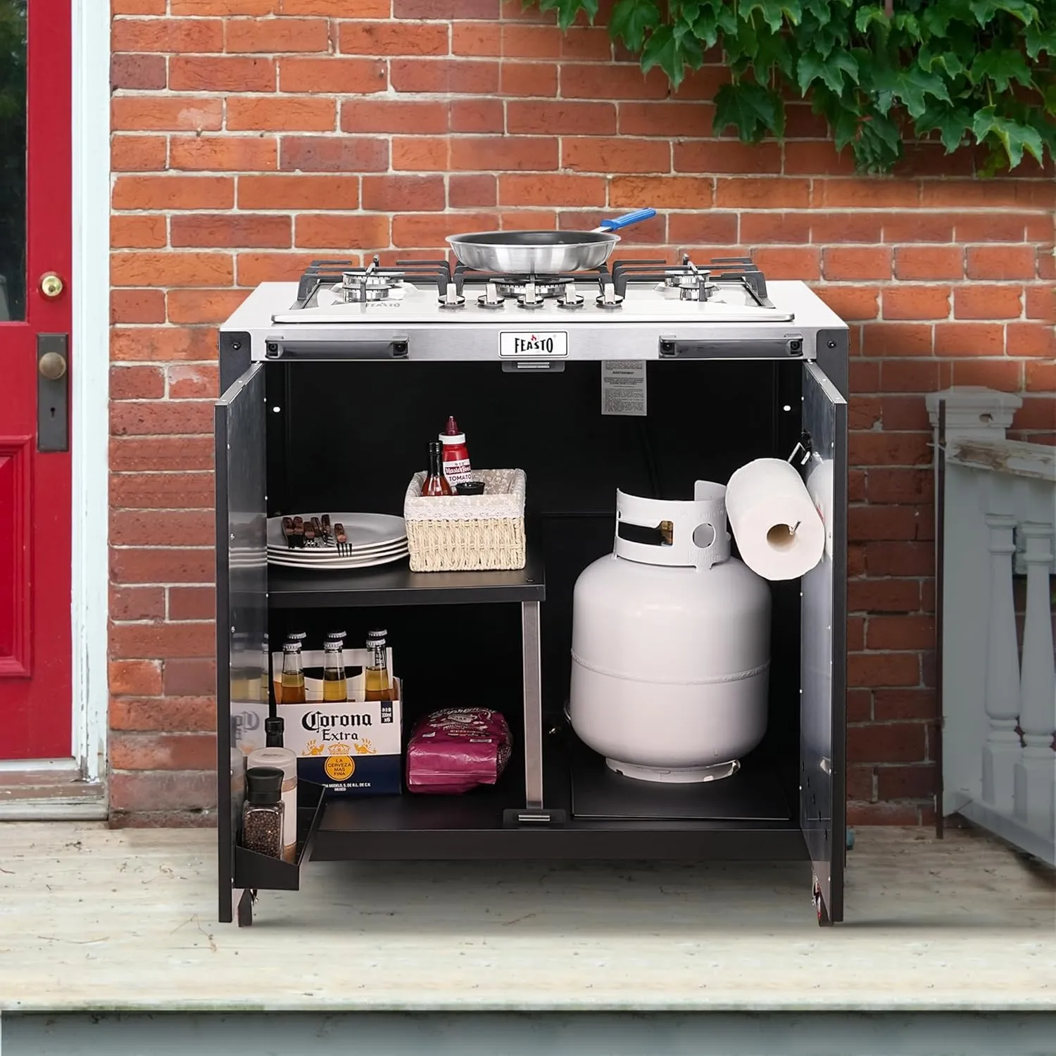 Gas Grill, Movable Outdoor Gas Stove Stainless Steel Top with Cabinet, 5 Burners with 36,200 BTUs, Outdoor Propane Grill for Outdoor Cooking, Ideal for Lawn & Garden, L35.4” x W24”
