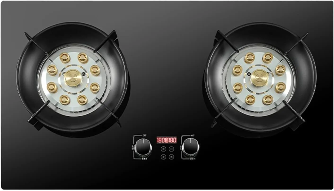 Gas Stove 2 Burners, 8.5KW 9 Cavity High Fire 180 Minutes Timer, Black Tempered Glass Cast Iron Pot Holder, Freestanding Stove Camping Outdoor(NG)