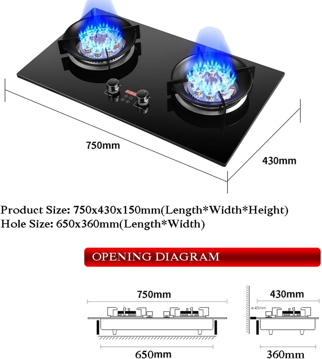 Gas Stove 2 Burners, 8.5KW 9 Cavity High Fire 180 Minutes Timer, Black Tempered Glass Cast Iron Pot Holder, Freestanding Stove Camping Outdoor(NG)