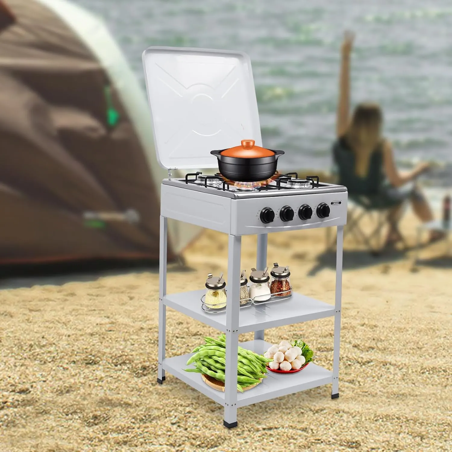Gas Stove 4 Burner 300000btu Portable Gas Stove With Wind Blocking Cover Outdoor Camping Bbq Stove 2 Tier Storage Rack Stainless Steel For Camping Picnic Home RV Cooking (white 4 Burner)