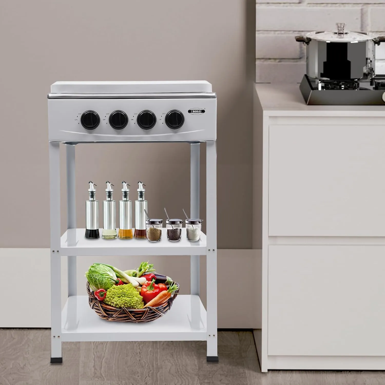 Gas Stove 4 Burner 300000btu Portable Gas Stove With Wind Blocking Cover Outdoor Camping Bbq Stove 2 Tier Storage Rack Stainless Steel For Camping Picnic Home RV Cooking (white 4 Burner)