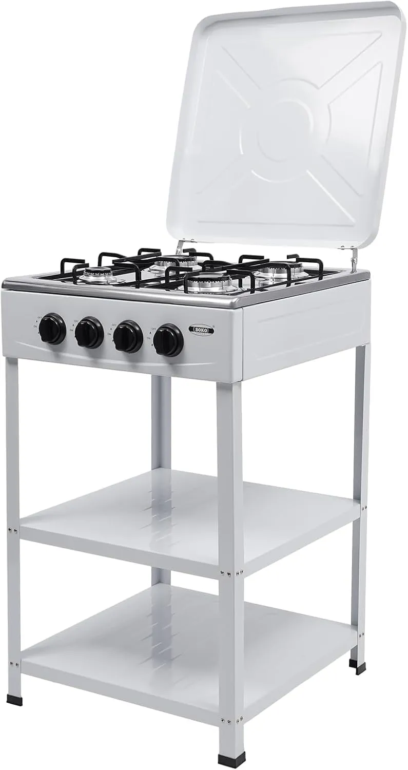 Gas Stove 4 Burner 300000btu Portable Gas Stove With Wind Blocking Cover Outdoor Camping Bbq Stove 2 Tier Storage Rack Stainless Steel For Camping Picnic Home RV Cooking (white 4 Burner)