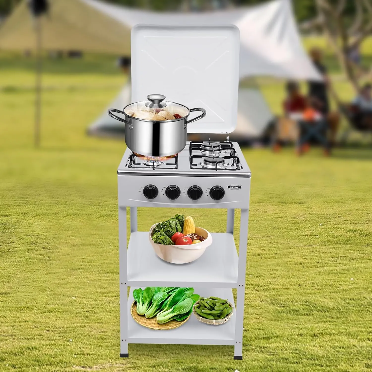 Gas Stove 4 Burner 300000btu Portable Gas Stove With Wind Blocking Cover Outdoor Camping Bbq Stove 2 Tier Storage Rack Stainless Steel For Camping Picnic Home RV Cooking (white 4 Burner)