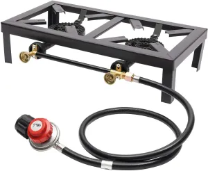 Gas Stove 8KW Portable Double Burner Gas Stove Gas Cooker with Adjustable Pressure Regulation Range 0-20PSI Table Gas Stove for Patio Camping BBQ Home Brewing Turkey Fry