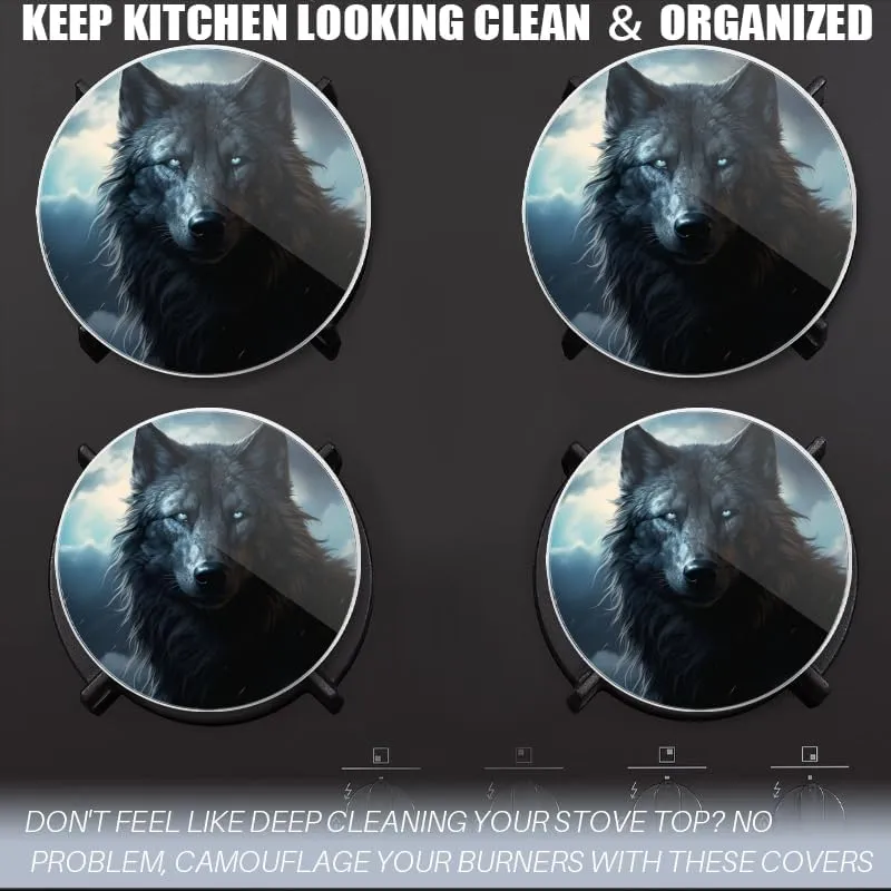 Gas Stove Burner Cover Set Of 4,Majestic Black Wolf With Piercing Blue Eyes Round Metal Electric Stove Burner Covers,Protecting Gas Stoves,Kitchen Decor，8 Inch And 10 Inch