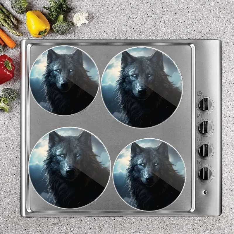 Gas Stove Burner Cover Set Of 4,Majestic Black Wolf With Piercing Blue Eyes Round Metal Electric Stove Burner Covers,Protecting Gas Stoves,Kitchen Decor，8 Inch And 10 Inch
