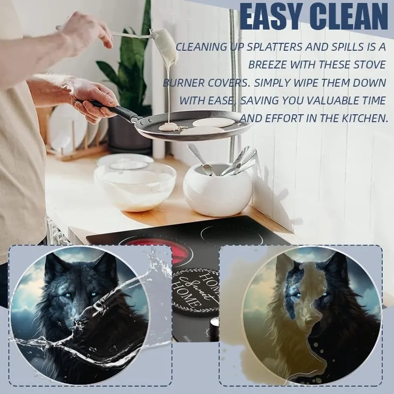Gas Stove Burner Cover Set Of 4,Majestic Black Wolf With Piercing Blue Eyes Round Metal Electric Stove Burner Covers,Protecting Gas Stoves,Kitchen Decor，8 Inch And 10 Inch