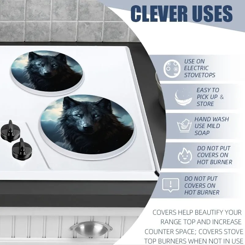 Gas Stove Burner Cover Set Of 4,Majestic Black Wolf With Piercing Blue Eyes Round Metal Electric Stove Burner Covers,Protecting Gas Stoves,Kitchen Decor，8 Inch And 10 Inch