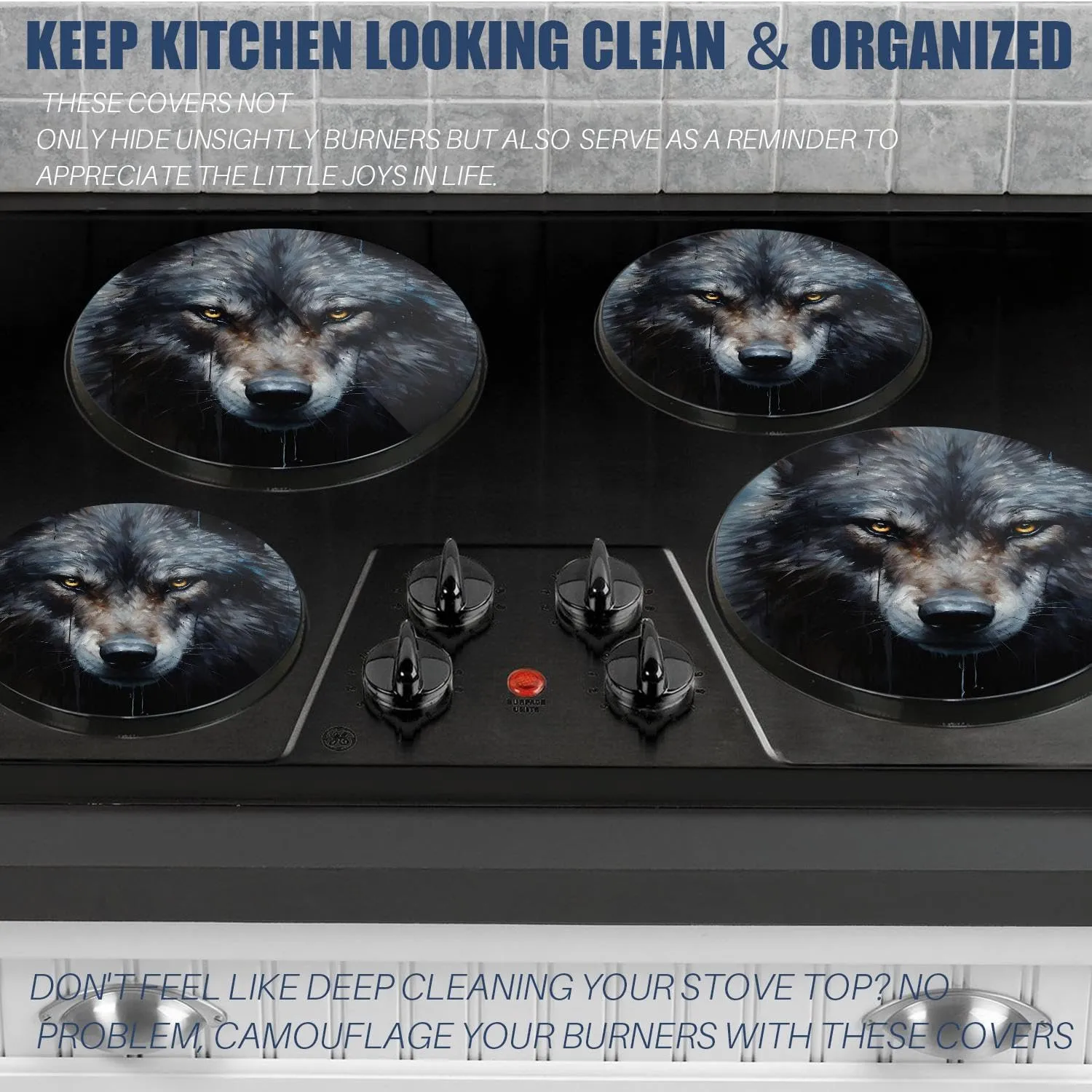 Gas Stove Burner Cover Set Of 4，Sharp-Eyed Black Wolf Metal Stove Burner Covers，Electric Stove Burner Covers,Protecting Gas Stoves,Kitchen Decor，8 Inches And 10 Inches