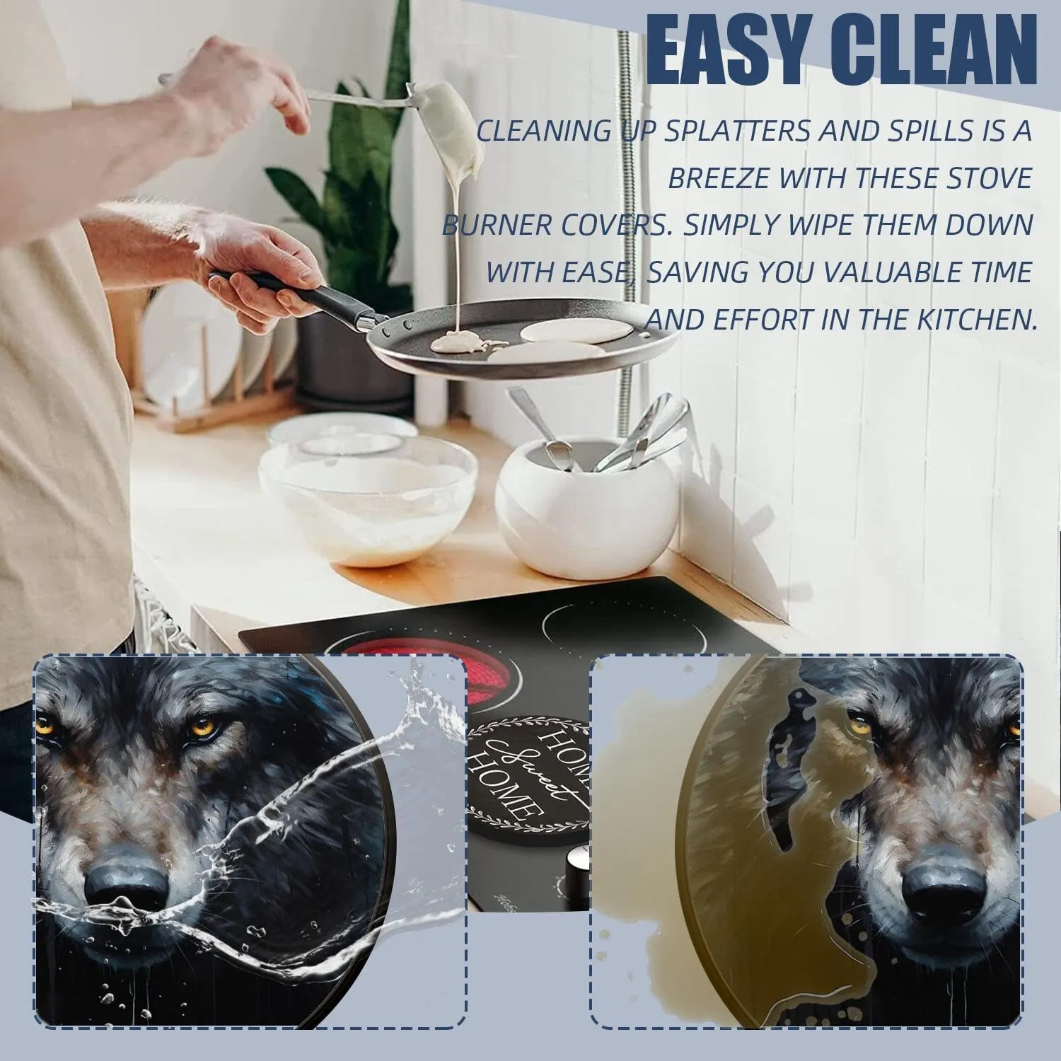 Gas Stove Burner Cover Set Of 4，Sharp-Eyed Black Wolf Metal Stove Burner Covers，Electric Stove Burner Covers,Protecting Gas Stoves,Kitchen Decor，8 Inches And 10 Inches