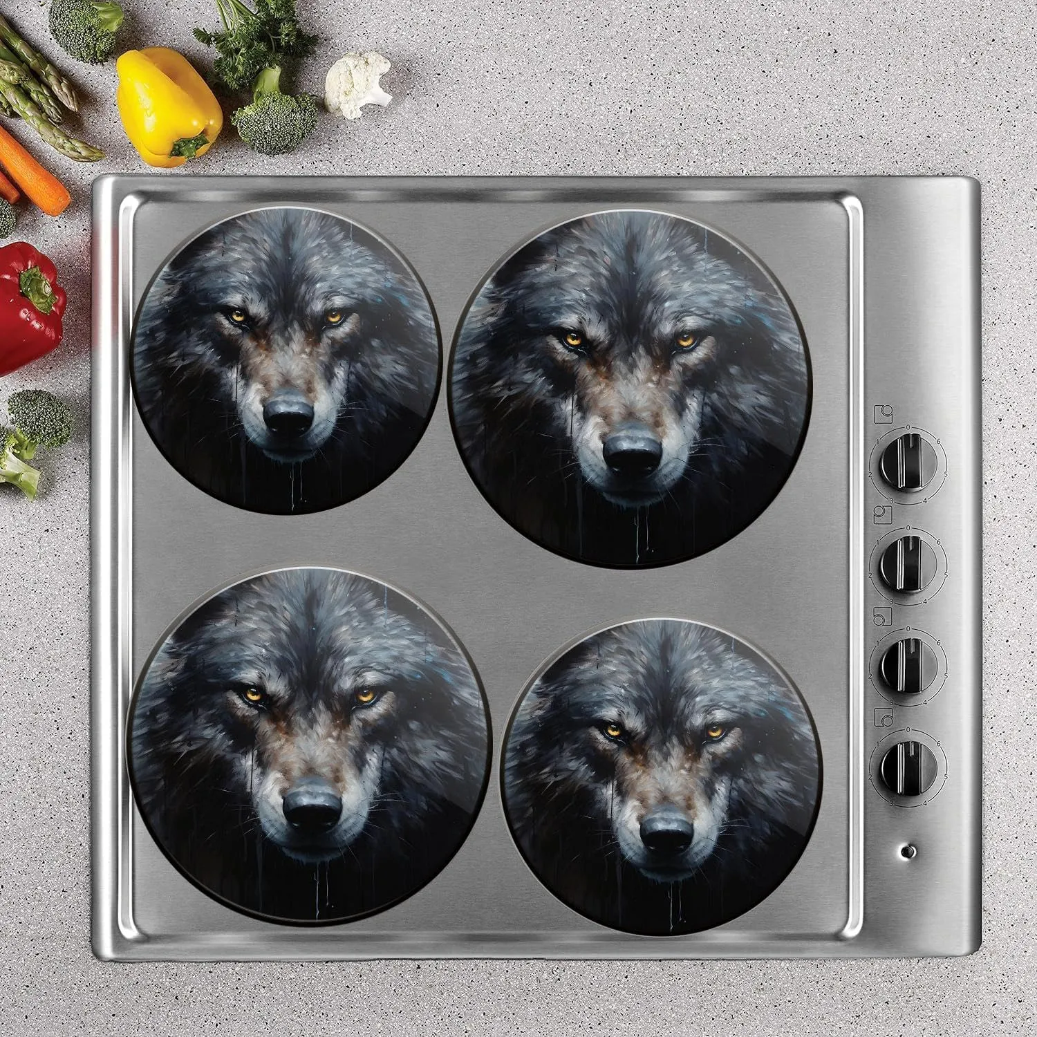 Gas Stove Burner Cover Set Of 4，Sharp-Eyed Black Wolf Metal Stove Burner Covers，Electric Stove Burner Covers,Protecting Gas Stoves,Kitchen Decor，8 Inches And 10 Inches