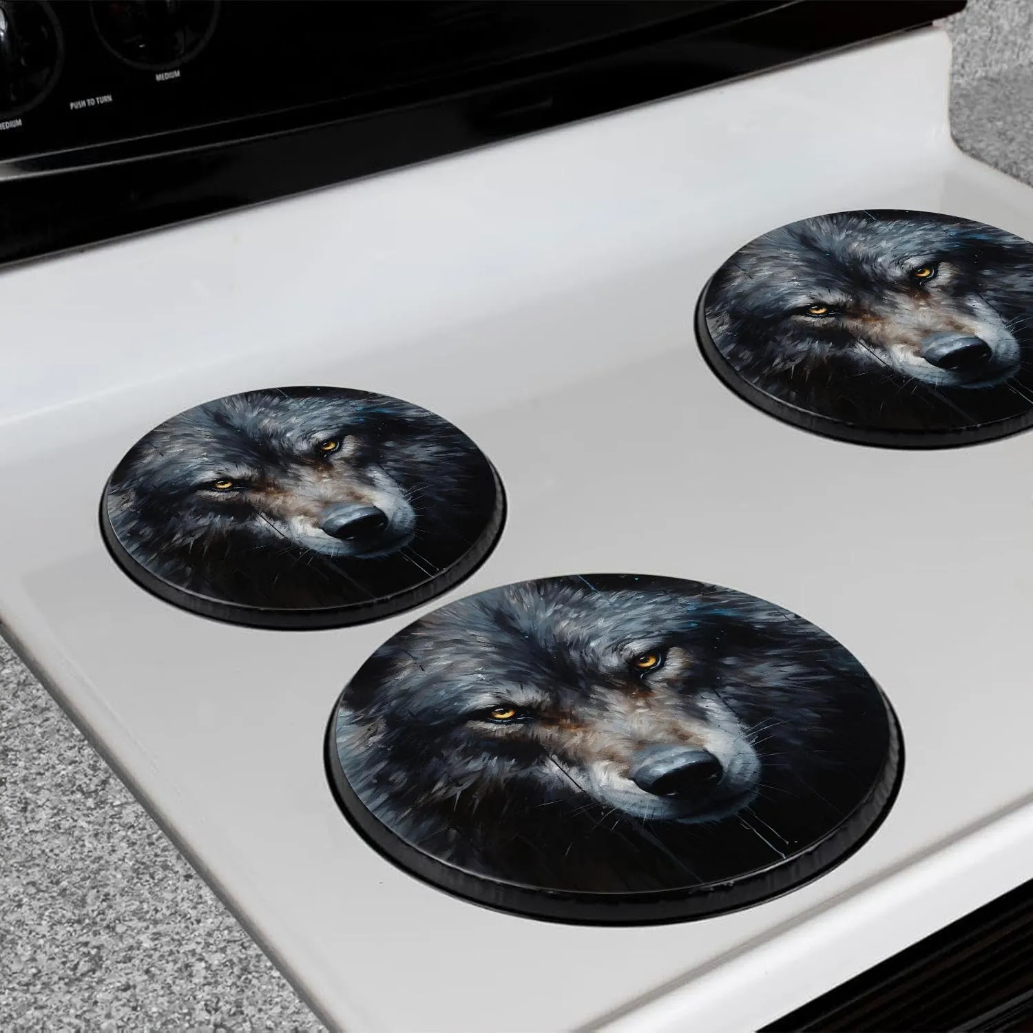 Gas Stove Burner Cover Set Of 4，Sharp-Eyed Black Wolf Metal Stove Burner Covers，Electric Stove Burner Covers,Protecting Gas Stoves,Kitchen Decor，8 Inches And 10 Inches