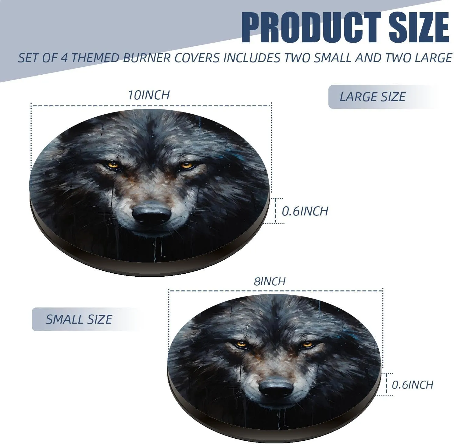 Gas Stove Burner Cover Set Of 4，Sharp-Eyed Black Wolf Metal Stove Burner Covers，Electric Stove Burner Covers,Protecting Gas Stoves,Kitchen Decor，8 Inches And 10 Inches