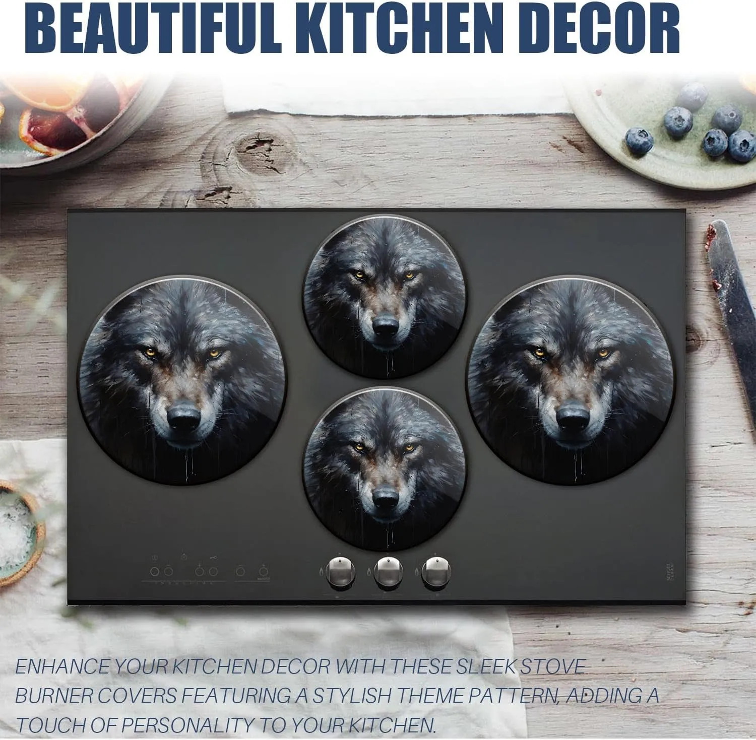 Gas Stove Burner Cover Set Of 4，Sharp-Eyed Black Wolf Metal Stove Burner Covers，Electric Stove Burner Covers,Protecting Gas Stoves,Kitchen Decor，8 Inches And 10 Inches
