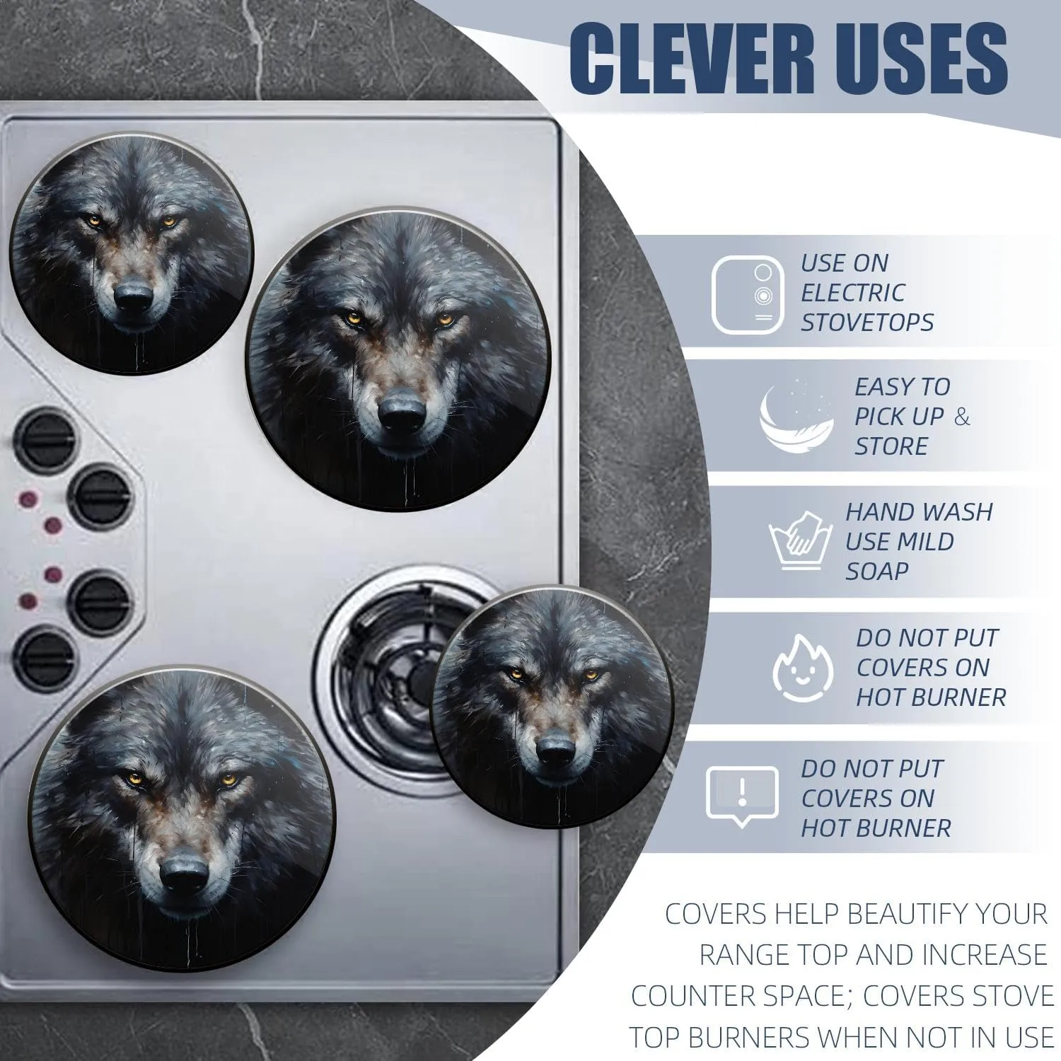 Gas Stove Burner Cover Set Of 4，Sharp-Eyed Black Wolf Metal Stove Burner Covers，Electric Stove Burner Covers,Protecting Gas Stoves,Kitchen Decor，8 Inches And 10 Inches