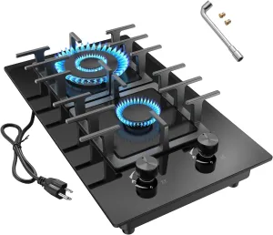 Gas Stove Propane Cooktop 2 Burner, Stainless Steel Gas Burner with Thermocouple Protection Tempered Glass Gas Cooktop 12 inch, Lpg/Ng Dual Fuel Built-in Gas Stove Top for Apartments, Rvs