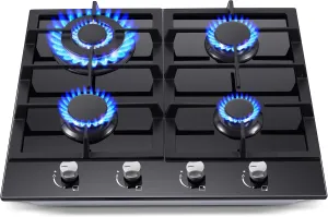 Gas Stove Top 24 Inch, Amzgachfktch Built-in Gas Cooktop 4 Burner, Black Tempered Glass Gas Range with NG/LPG Conversion Kit, Kitchen Propane Cooktop with Thermocouple Protection