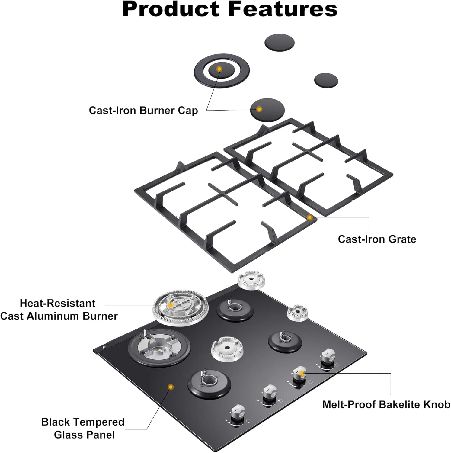 Gas Stove Top 24 Inch, Amzgachfktch Built-in Gas Cooktop 4 Burner, Black Tempered Glass Gas Range with NG/LPG Conversion Kit, Kitchen Propane Cooktop with Thermocouple Protection