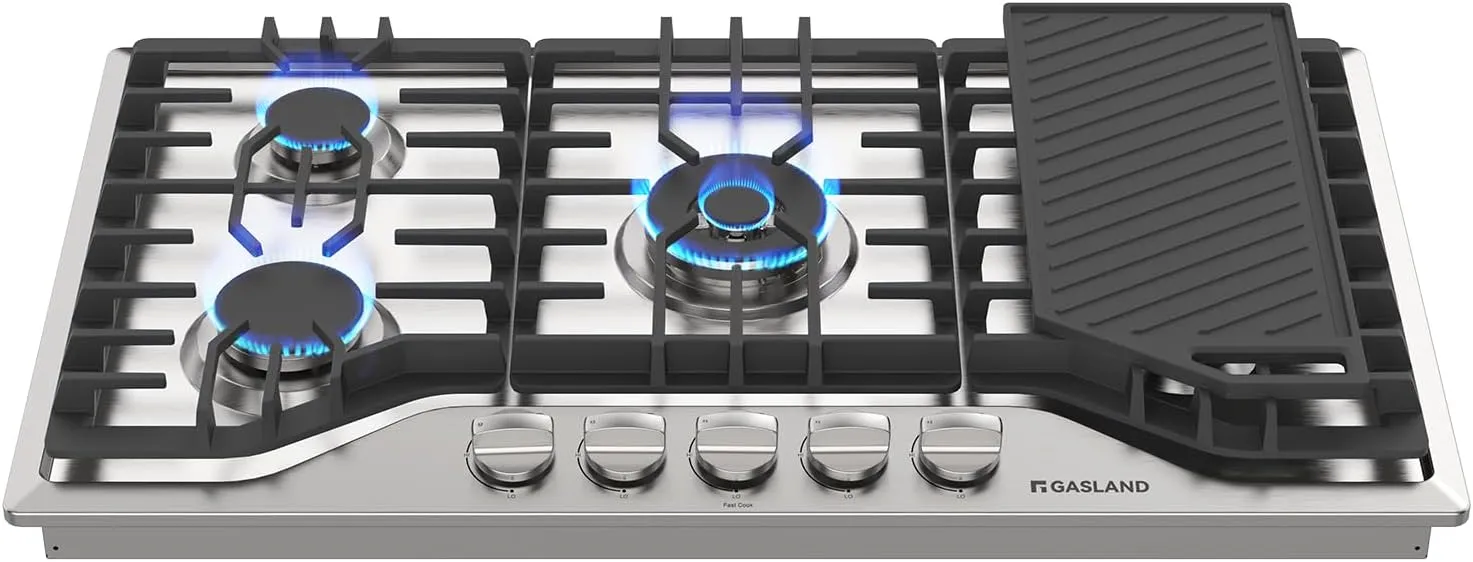 GASLAND 36 Inch Gas Cooktop, PRO GH3365SF 5 Burner Gas Stovetop with Reversible Cast Iron Grill/Griddle, Gas Countertop Plug-in, NG/LPG Convertible Gas Cooktops, Stainless Steel