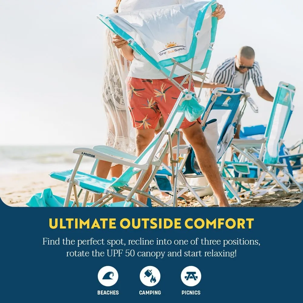 GCI OUTDOOR Sunshade Recliner Beach Chair | Collapsible Folding Canopy Shade Chair with Durable Armrests, Drink Holder & Portable Carry Bag, Perfect for Beach Trips & Picnics — Seafoam Green