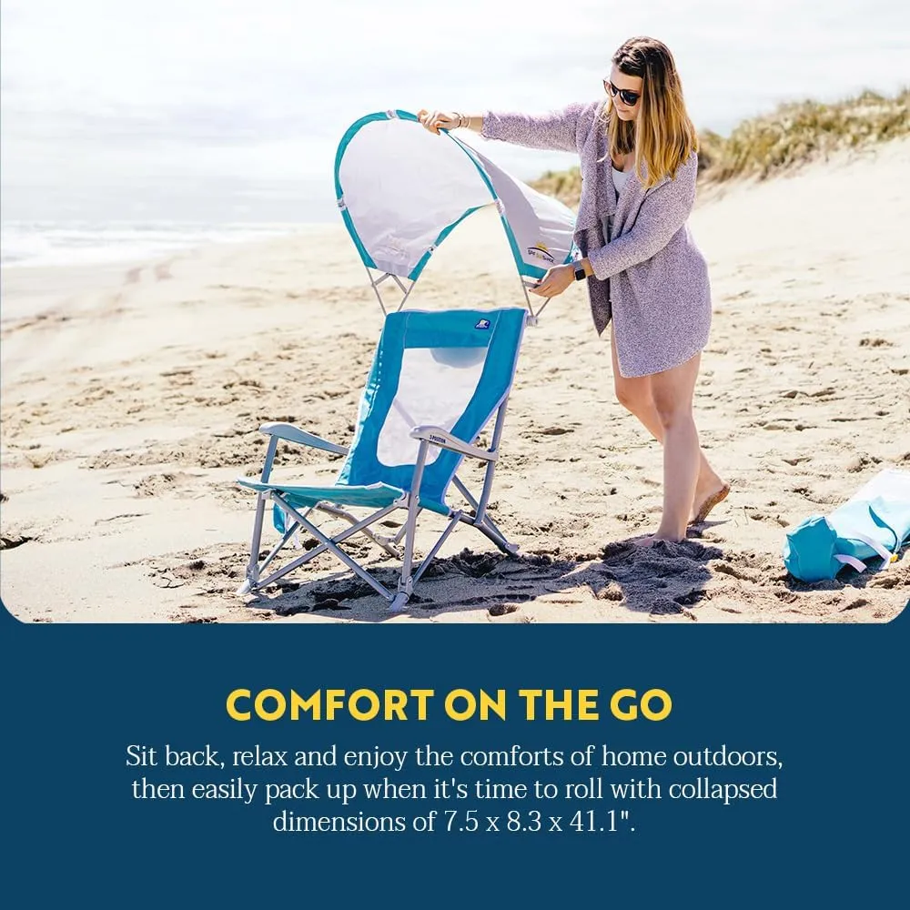GCI OUTDOOR Sunshade Recliner Beach Chair | Collapsible Folding Canopy Shade Chair with Durable Armrests, Drink Holder & Portable Carry Bag, Perfect for Beach Trips & Picnics — Seafoam Green