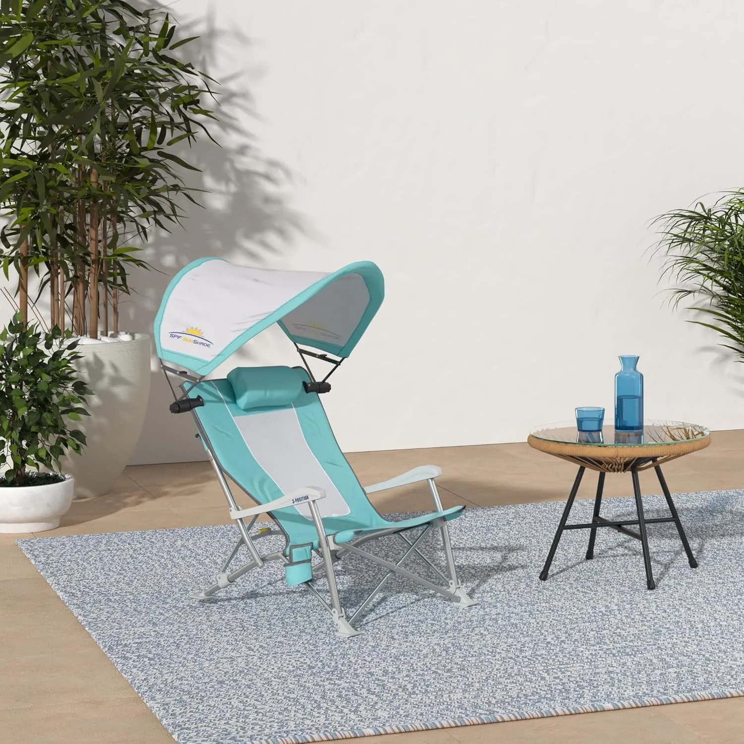 GCI OUTDOOR Sunshade Recliner Beach Chair | Collapsible Folding Canopy Shade Chair with Durable Armrests, Drink Holder & Portable Carry Bag, Perfect for Beach Trips & Picnics — Seafoam Green