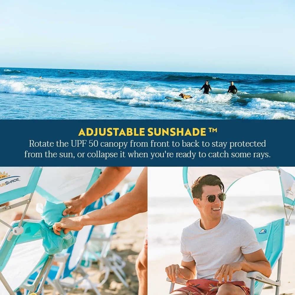 GCI OUTDOOR Sunshade Recliner Beach Chair | Collapsible Folding Canopy Shade Chair with Durable Armrests, Drink Holder & Portable Carry Bag, Perfect for Beach Trips & Picnics — Seafoam Green