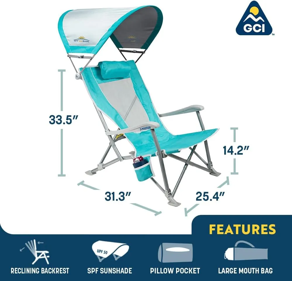 GCI OUTDOOR Sunshade Recliner Beach Chair | Collapsible Folding Canopy Shade Chair with Durable Armrests, Drink Holder & Portable Carry Bag, Perfect for Beach Trips & Picnics — Seafoam Green