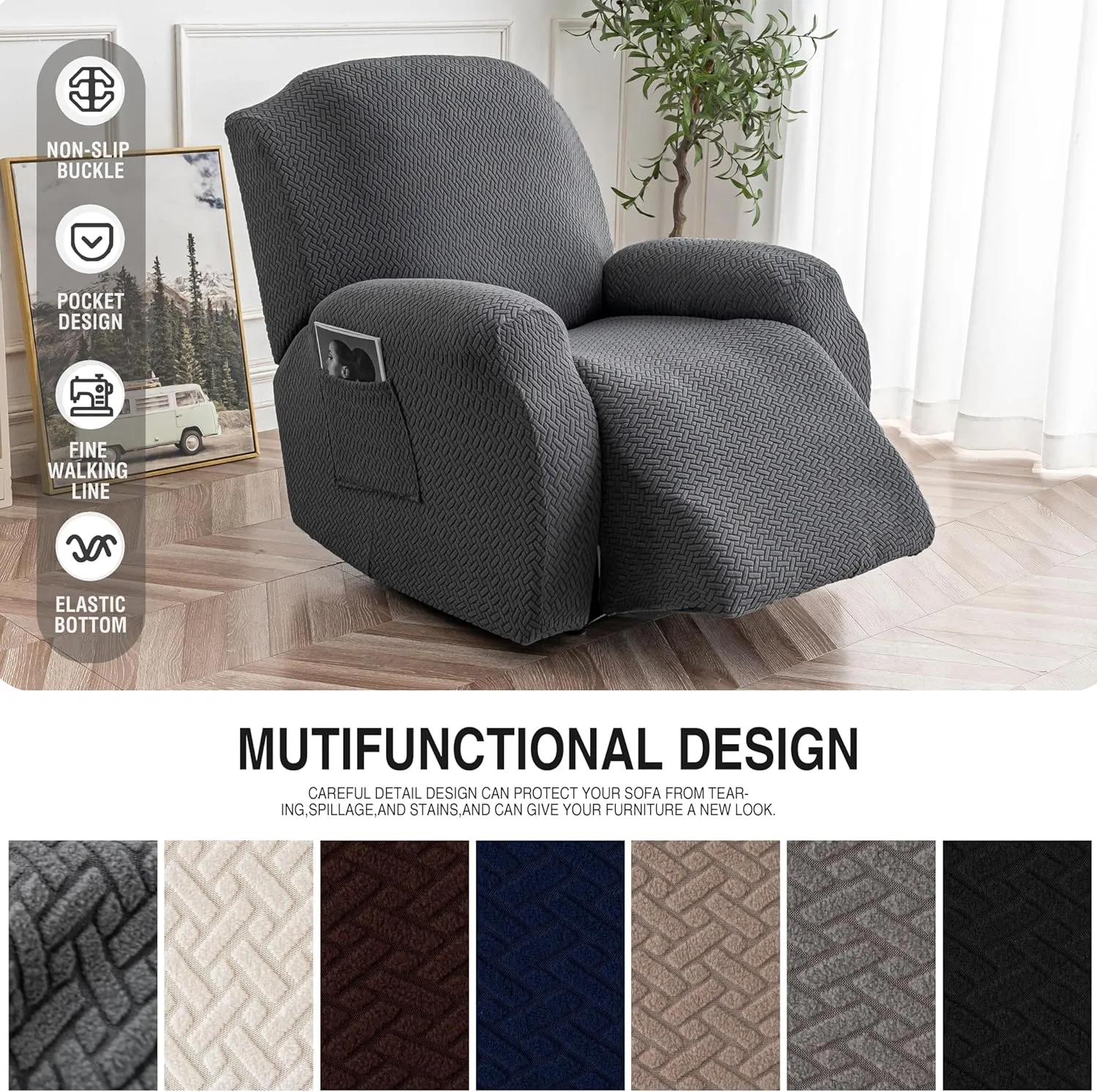 Genina Recliner Chair Cover, Stretch Reclining Chair Covers, Recliner Sofa Slipcovers Stripe Jacquard Lazy Couch Covers Furniture Protector Covers for Pet Kid (1 Seater, Dark Gray)
