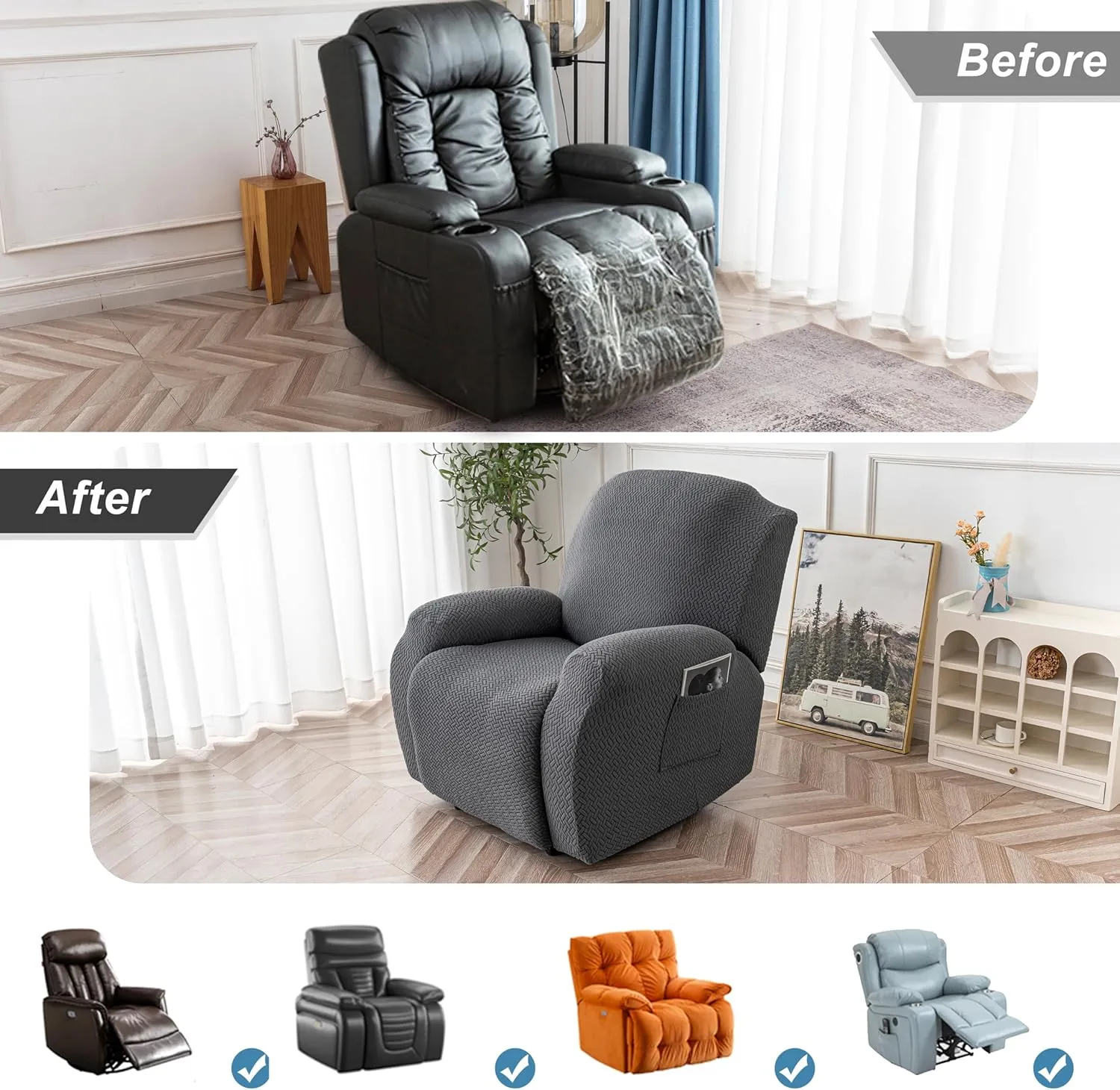 Genina Recliner Chair Cover, Stretch Reclining Chair Covers, Recliner Sofa Slipcovers Stripe Jacquard Lazy Couch Covers Furniture Protector Covers for Pet Kid (1 Seater, Dark Gray)