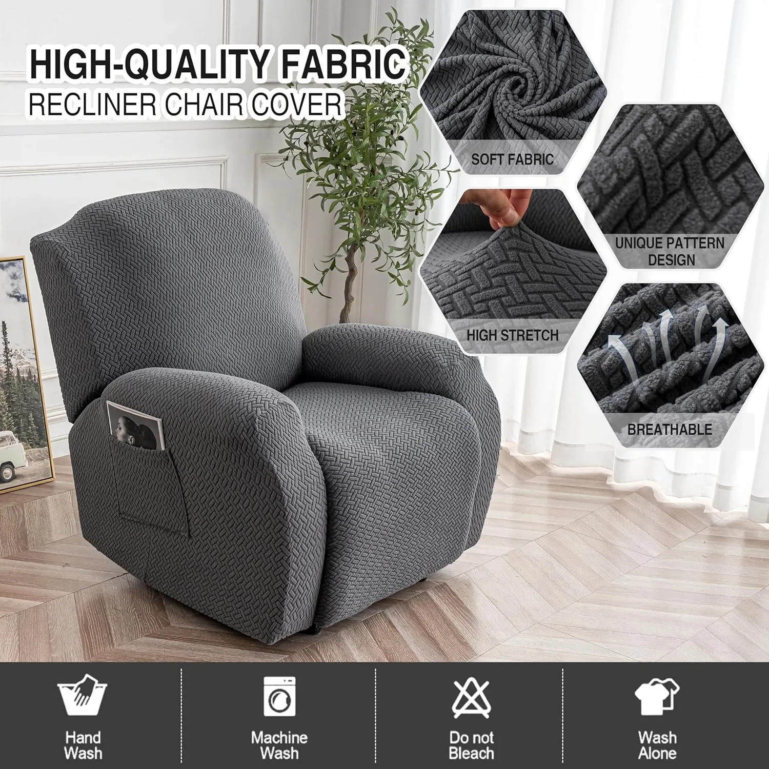 Genina Recliner Chair Cover, Stretch Reclining Chair Covers, Recliner Sofa Slipcovers Stripe Jacquard Lazy Couch Covers Furniture Protector Covers for Pet Kid (1 Seater, Dark Gray)