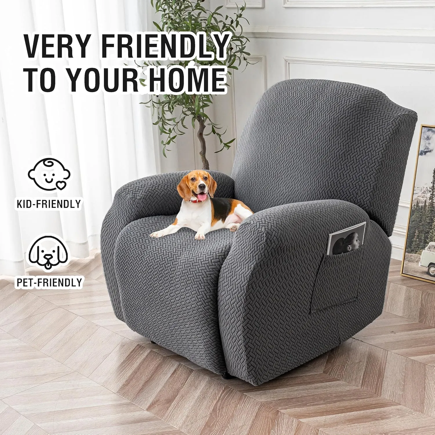 Genina Recliner Chair Cover, Stretch Reclining Chair Covers, Recliner Sofa Slipcovers Stripe Jacquard Lazy Couch Covers Furniture Protector Covers for Pet Kid (1 Seater, Dark Gray)