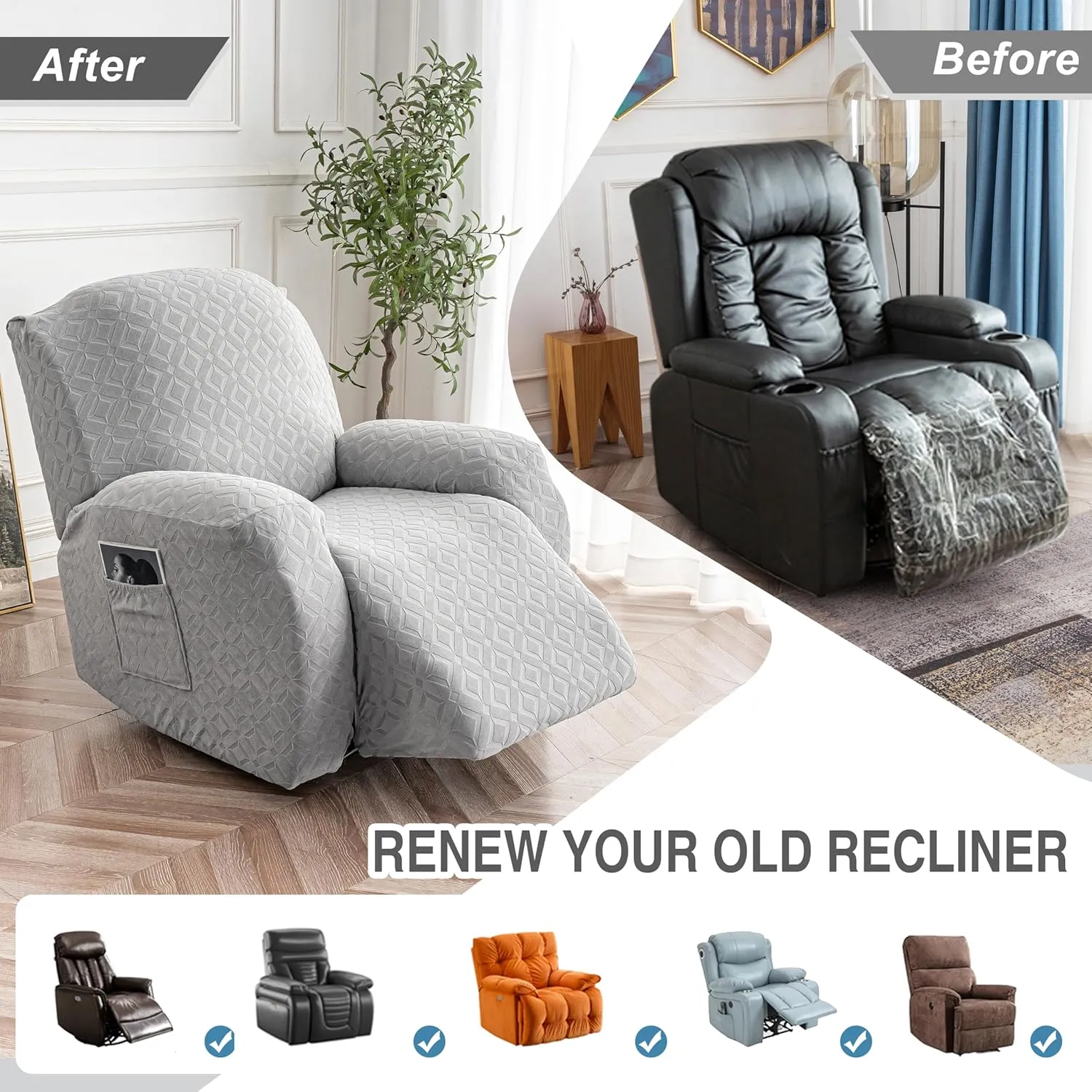 Gennia Waterproof Recliner Chair Cover,Stretch Reclining Sofa Covers with Pockets,Washable Lazy Boy Recliner Slipcovers,Leakproof Couch Protector for Kids, Pets, Dog or Cat (XL-Recliner, Light Gray)