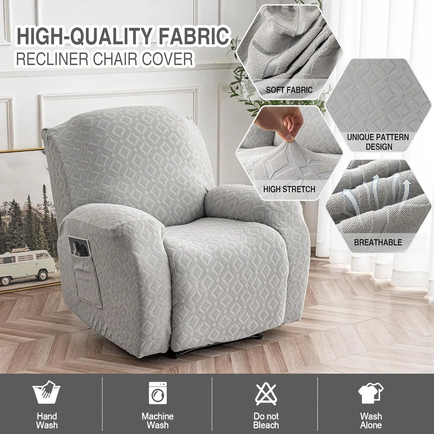 Gennia Waterproof Recliner Chair Cover,Stretch Reclining Sofa Covers with Pockets,Washable Lazy Boy Recliner Slipcovers,Leakproof Couch Protector for Kids, Pets, Dog or Cat (XL-Recliner, Light Gray)