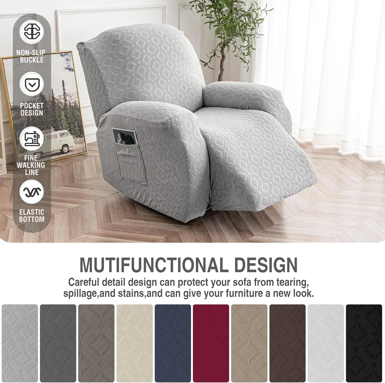 Gennia Waterproof Recliner Chair Cover,Stretch Reclining Sofa Covers with Pockets,Washable Lazy Boy Recliner Slipcovers,Leakproof Couch Protector for Kids, Pets, Dog or Cat (XL-Recliner, Light Gray)