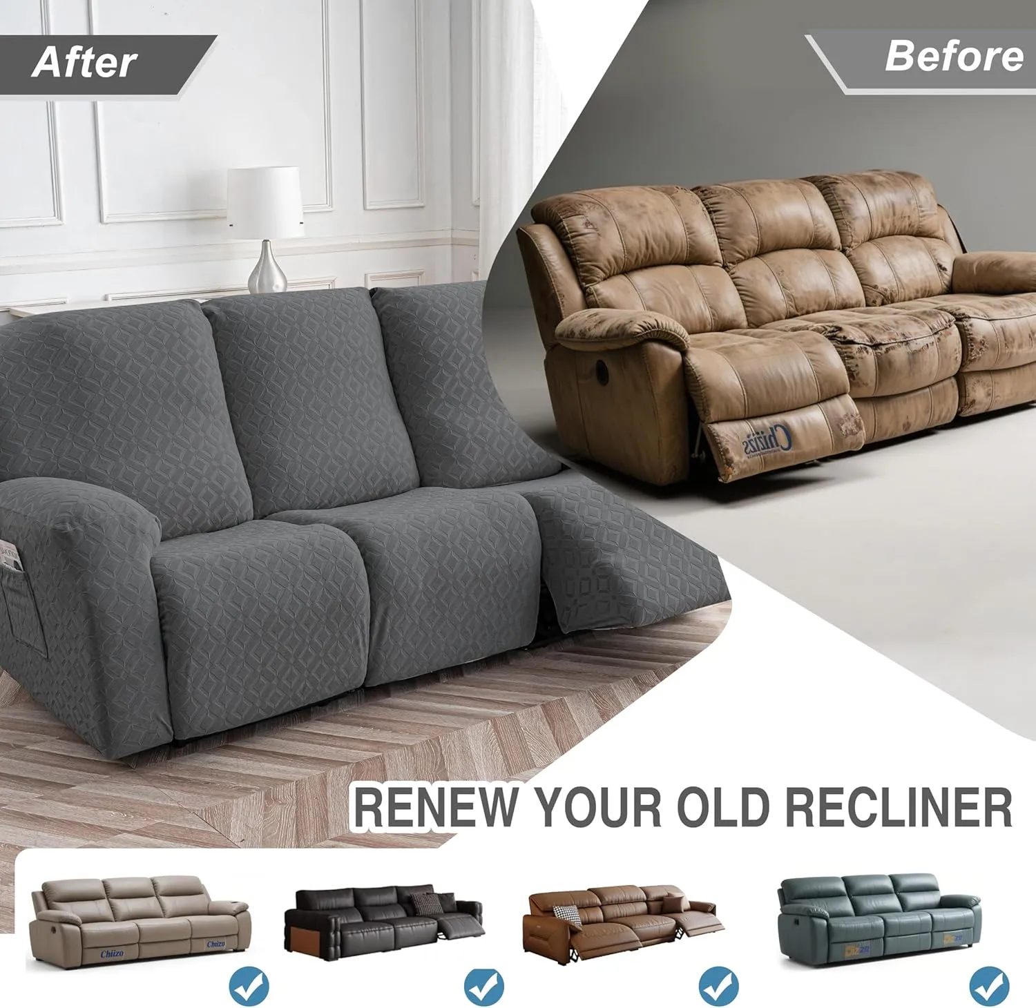 Gennia Waterproof Recliner Sofa Cover,Stretch Reclining Couch Covers with Pockets,Washable Lazy Boy Recliner Slipcovers,Leakproof Sofa Protector for Kids, Pets, Dog and Cat (3 Seat, Dark Gray)